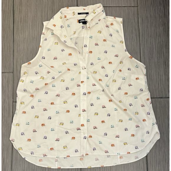 Lands End Women’s Sleeveless Collared White Blouse Happy Camper Print Size 18W - Picture 1 of 5